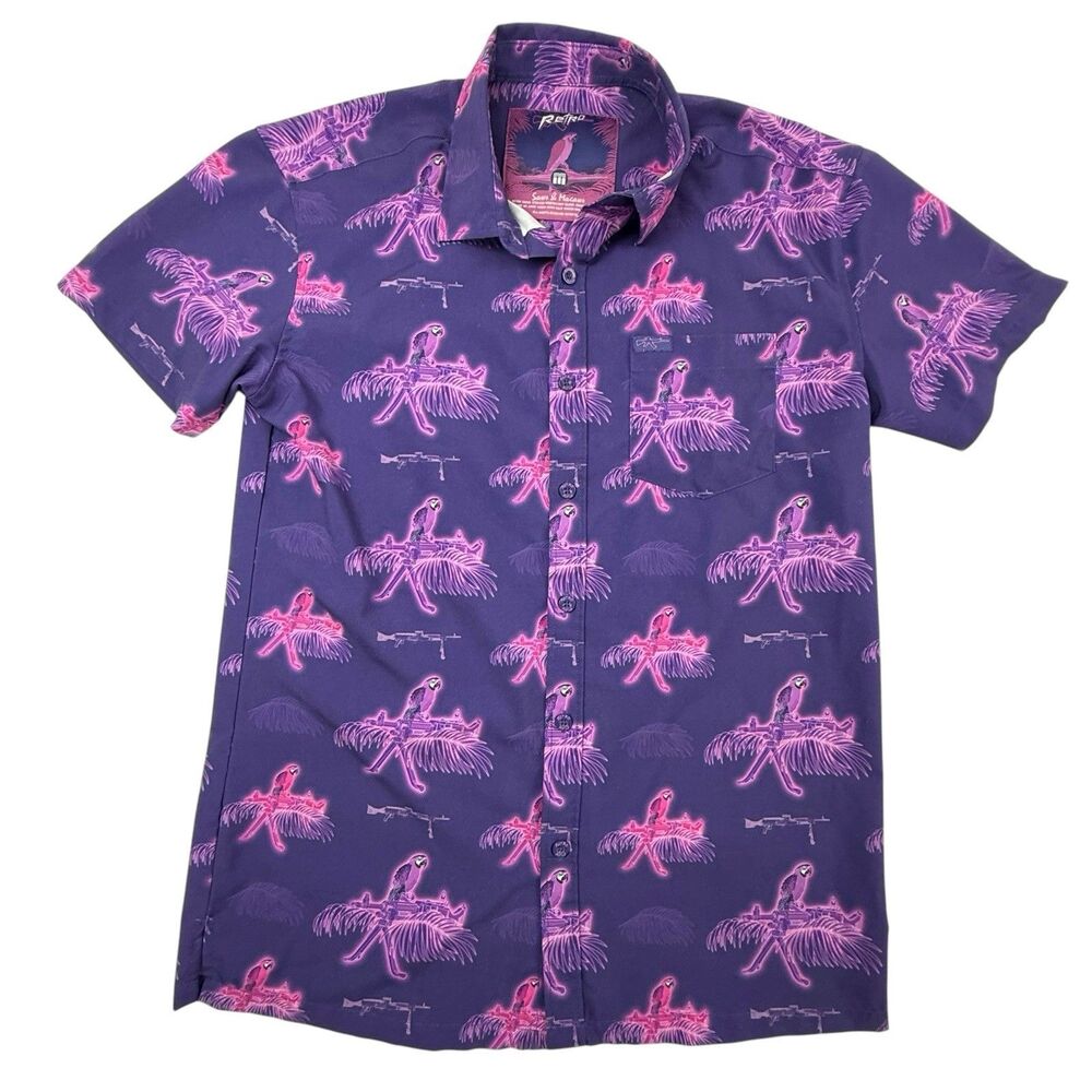 Retro Rifle Saws & Macaws Hawaiian Shirt Men Medium Purple Pink Parrot
